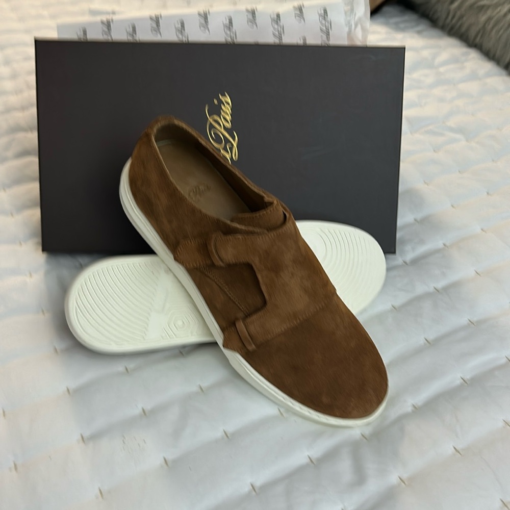 Brown and White Suede Slip-On Loafers
